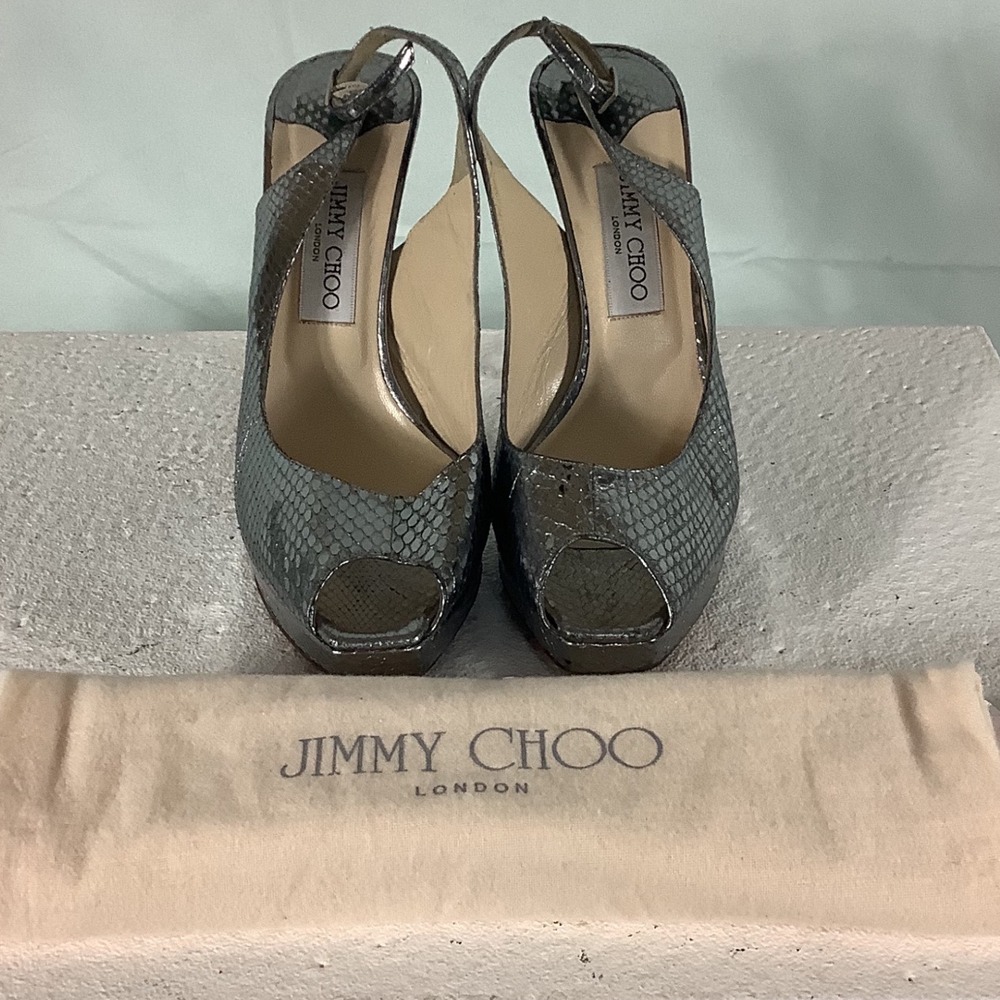 Jimmy Choo Silver Metallic Snakeskin Peep Toe Slingback Platform Pumps Size 39.5
